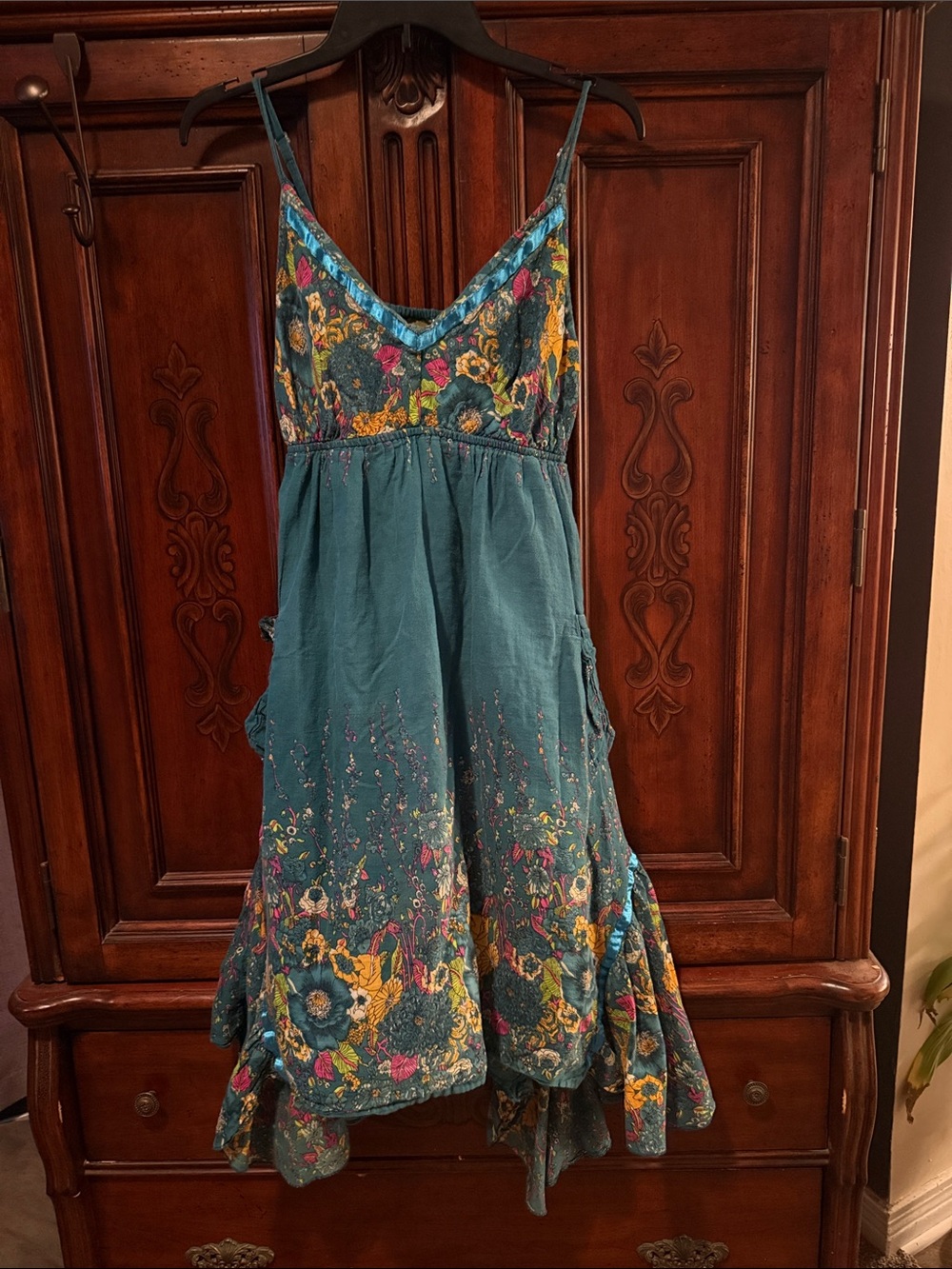 Teal Floral-Embroidered Asymmetrical Slip Dress